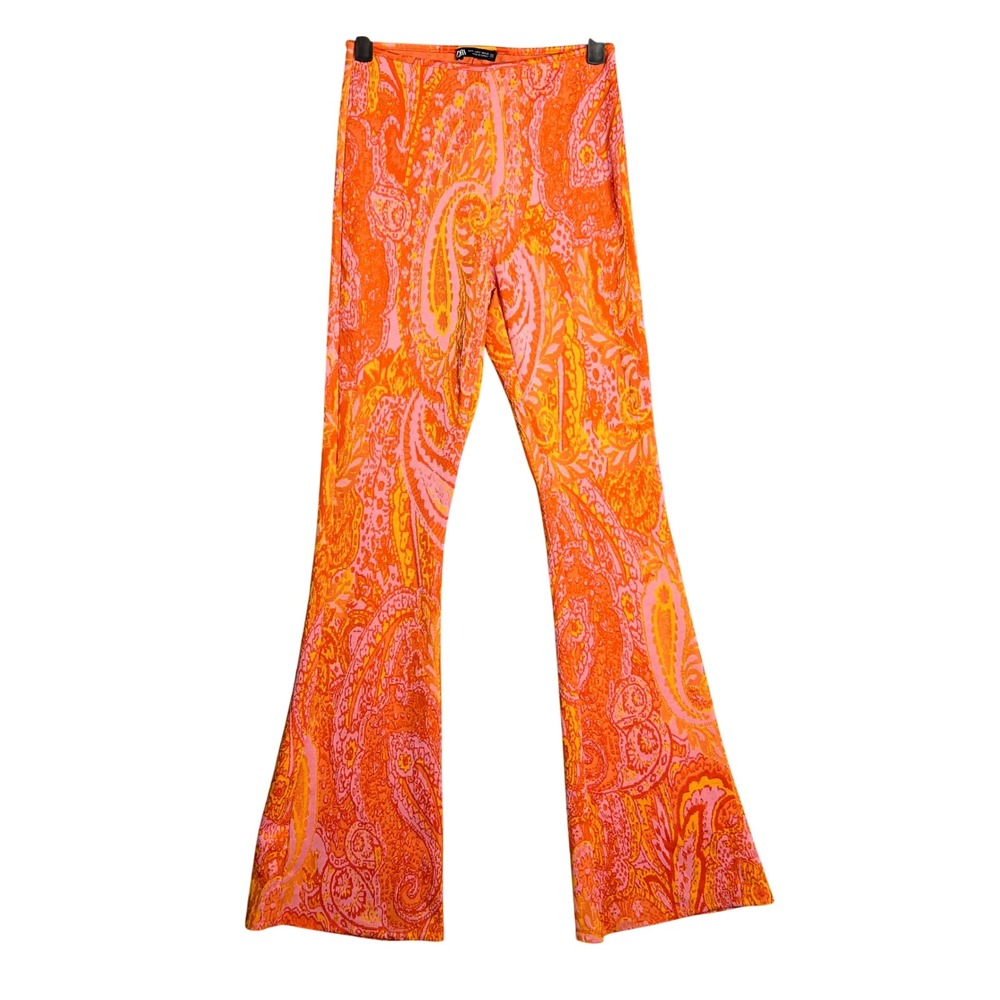 ZARA Jacquard Flare Leg Pants Size S Bell Bottom Pull On Boho Retro Festival